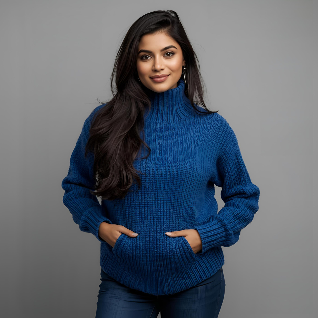 MILA | Blue Turtleneck Sweater with Front Pockets