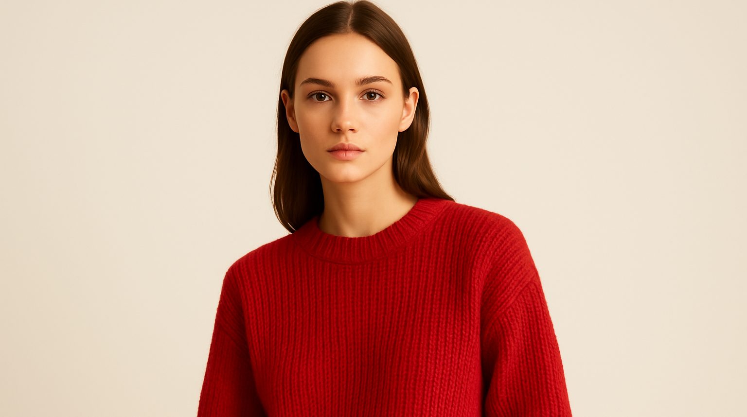 model woman wearing red knitwear sweater light beige background photo studio
